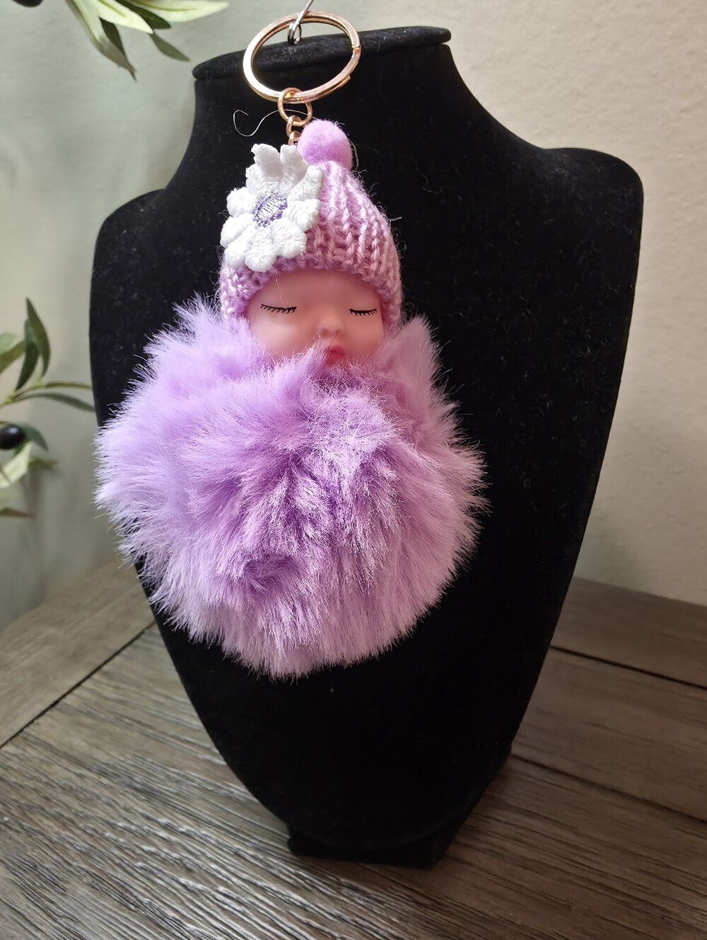 Plush Baby Doll Pom-Pom Keychain - Lavender